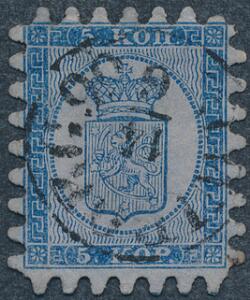 1860. 5 Kop, blå. Gennemstik II. Smukt mærke med perfekt takning og bystempel.