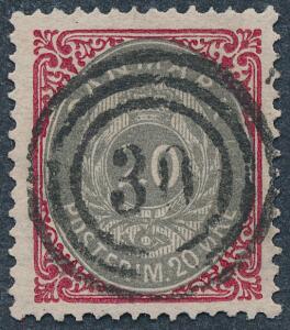 1875. 20 øre, grårød. PRAGT-mærke med helt retvendt nr.stempel 30.