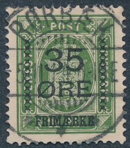 1912. 3532 øre, grøn. Retvendt PRAGT-stempel RØRBÆK 5.11.14.