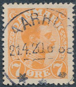 1918. Chr. X, 7 øre, orange. Variant HAGE PÅ E I ØRE PRAGT-stemplet i AARHUS 21.4.20.