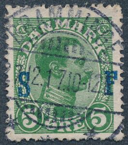 1917. Soldatermærke. Chr.X. 5 øre, S F, grøn. Retvendt PRAGT-stempel BRAMMINGE 27.12.17.