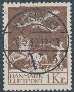 1929. Gl. luftpost 1 kr. brun. LUXUS-stempel KØBENHAVN 10.5.30.