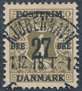 1918. 271 øre, oliven, vm. III. Helt perfekt, retvendt LUXUS-stempel KJØBENHAVN 1.12.18. AFA 2000