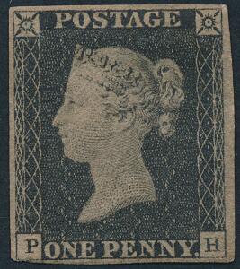 England. 1840. One penny, black. Plade 2. P-H. Ustemplet mærke, opgummieret og brunlig i papiret. Attest Brandon.