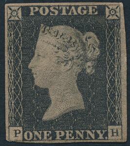 England. 1840. One penny, black. Plade 2. P-H. Ustemplet mærke, opgummieret og brunlig i papiret. Attest Brandon.