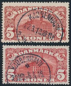 1912-1915. 5 kr. Posthus, brunrød. Vm.III og Vm.IV. 2 pænt stemplede mærker begge typer.
