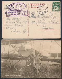 Postkort. Flyveren Ulrich Birch og Frue ubrugt samt brugt kort med stempler, bl.a. Flyvepost No. 1 Ulrich Birch.