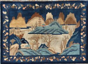 Pao Tao tæppe, Kina. Design med landskab. 20. årh.s første halvdel. 226 x 157.