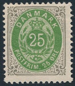 1895. 25 øre, grågrøn, tk.12. Vm.II. Omvendt ramme. Postfrisk. AFA 1000