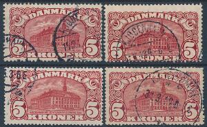 1912-1915. 5 kr. Posthus, brunrød. Vm.III og Vm.IV. 4 stemplede Posthuse, 2 af hver udgave.