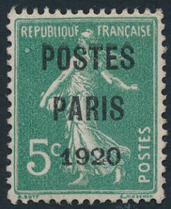 Frankrig. 5 c. grøn POSTES PARIS 1920. Ubrugt. Michel EURO 450