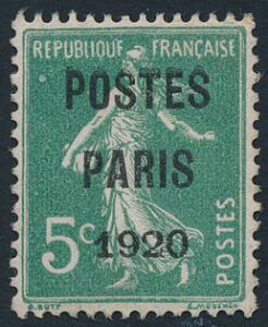 Frankrig. 5 c. grøn POSTES PARIS 1920. Ubrugt. Michel EURO 450