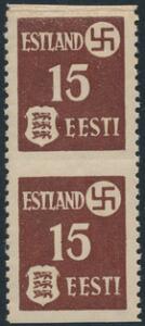 Tysk besættelse af Estland. 1941. 15 K. brun. Postfrisk, lodret parstykke, hvor begge mærker er VANDRET UTAKKET. Michel EURO 360