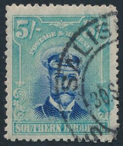 Southern Rhodesia. 1924. 5 Sh. blåblågrøn. Tk.14. Stemplet topværdi. SG £ 160