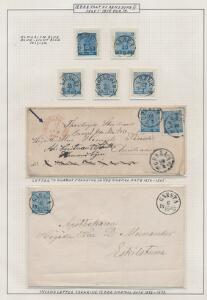 1858. 12 Öre, ultramarin-blå. udstillingsplanche med 5 smukke mærker samt 2 breve.