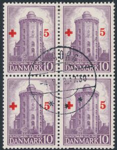 1944. Rundetårn Røde Kors. 105 øre, violet. Stemplet 4-blok med Variant BOMBE.
