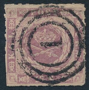 1863. 16 sk. rosalilla. Stukken kant. Smukt og farvefrisk mærke med fint nr.stempel 1. Let afklippet stikning i nedre venstre side. AFA 7500