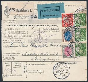 1925. Chr. X, 2 kr.grårødlilla, 1 kr. brunblå samt 4 stk. Karavel, alle med PERFIN, på adressekort.
