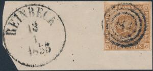 1854. 4 RBS Thiele III, gulbrun. Lille brevklip, annulleret med nr.stempel 144 og sidestempel REINBECK 13.1.1855. Attest Møller.