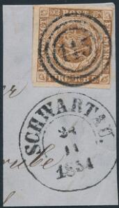 1854. 4 RBS Thiele III, olivenbrun. Lille brevklip, annulleret med nr.stempel 145 og sidestempel SCHWARTAU 28.11.1854. Pragtkvalitet.