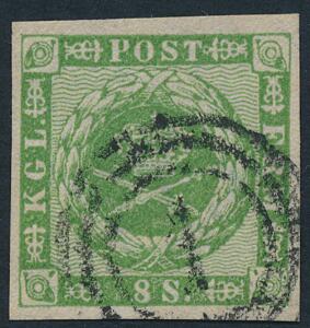 1858. 8 sk. grøn. Flot bredrandet mærke med fint nr.stempel 1. AFA 1400