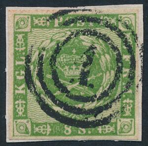 1858. 8 sk. grøn. Smukt mærke med pæne rande på lille brevklip. AFA 1400