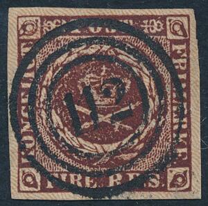 1853. 4 RBS Thiele II, mørk rødbrun. Annulleret med LUXUS nr.stpl. 112 SÆBY.