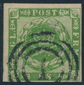 1858. 8 sk. grøn. Pænt mærke med nr.stpl. 1. AFA 1400.
