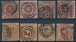 1851-1854. 4 RBS Ferslew, Thiele I-III. 8 pæne mærker incl. kastaniebrun med kraftig vandret fold.