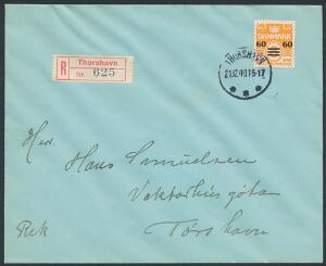 1940. 60 606 øre, orange. SINGLE FRANKERING på ANBEFALET brev fra THORSHAVN 21.12.40.