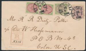 1895. 1050 cent, violet, 5 c. grågrøn og par 1 c. grønrødbrun. Tk.14. God frankering på smukt anbefalet brev til PANAMA, stemplet ST. THOMAS 25.6.1895.