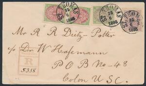 1895. 1050 cent, violet, 5 c. grågrøn og par 1 c. grønrødbrun. Tk.14. God frankering på smukt anbefalet brev til PANAMA, stemplet ST. THOMAS 25.6.1895.