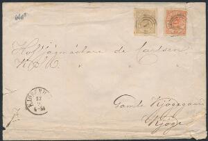 1864. 8 sk. gulbrun og 4 sk. rød. På brev fra København til Køge. Kuverten lidt medtaget.