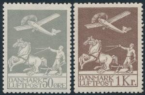 1929. Gl. luftpost 50 øre, grå pg 1 kr. brun. 2 pæne og velcentrerede postfriske mærker. AFA 4100
