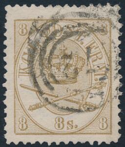 1864. 8 sk. gulbrun. Fint stemplet eksemplar. AFA 1500