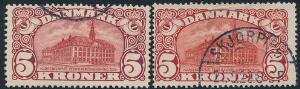1912-1915. 5 kr. Posthus, brunrød. Vm.III og Vm.IV. 2 pænt stemplede mærker, begge med kun et stempel.