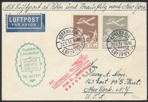 1929. Gl. luftpost 50 øre, grå og 1 kr. brun. Smukt KATAPULTBREV fra KØBENHAVN LUFTPOST 22.6.31, sendt til USA.