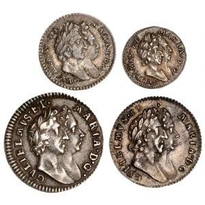 England, William and Mary, 4 Pence 1691, KM 471, S 3439, 3 Pence 1690, KM 470, S 3441, 2 Pence 1694, KM 469, S 3443 and 1 Pence 1694, KM 468, S 3445