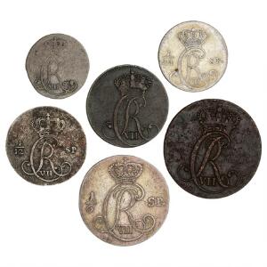 Christian VII, 16 speciedaler 1789, 112 speciedaler 1788, 124 speciedaler 1799, 2 sechsling 1788, sechsling 1787, dreiling 1787, i alt 6 stk.