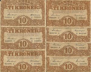 50 kr 1941 C, nr. 3380097, Svendsen  Hellerung, Sieg 108, DOP 125, kval. 1 samt diverse 1 og 10 kr sedler, i alt 11 stk. i varierende kvalitet
