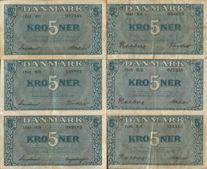 Lille samling af 5 kr sedler fra 1945 - 1948, i alt 6 stk. med diverse underskriftskombinationer