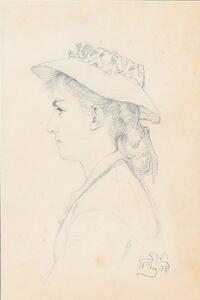 P. S. Krøyer Portræt af Emma Hornemann. Sign. S. K. 16. Aug. 76. Stedbetegnet på bagsiden Hornbæk. Bly på papir monteret på papir. Bladstørrelse 17 x 12.