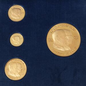 Frederik IX og arveprins Knud, 1976, komplet sæt mindedukater i guld 4 stk. i original æske i alt 80,5 g, 0.900 Au