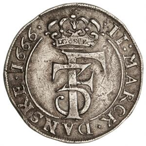 Norge, Frederik III, 2 mark 1666, NM 161, H 67G, lille blanketrevne, en del små skrammer, 9,5 g samtidig forfalskning 