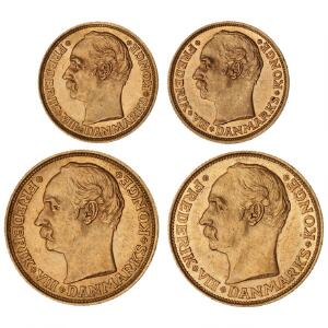 Frederik VIII, 20 kr 1908, 1909, H 1, 10 kr 1908, 1909, H 2, i alt 4 stk.