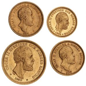 Sverige, Oscar II, 20 kr 1880, SM 10, 10 kr 1874, 1876, SM 25, 26, 5 kr 1894, SM 38, i alt 4 stk. Au