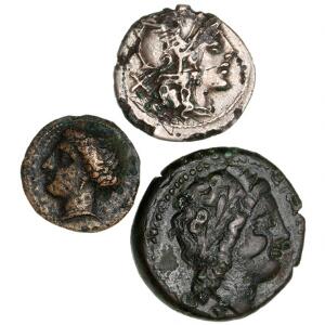 Antikkens Grækenland, 2 kobbermønter Romerske republik, subærat denar. 3