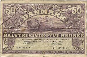 50 kr 1948 k, Riim, Sieg 124, DOP 133, øvrige sedler 4 stk., div. mønter inkl. bl.a. erindringsmønt 2 kr 1892, moderne mønter Danmark og udland etc.