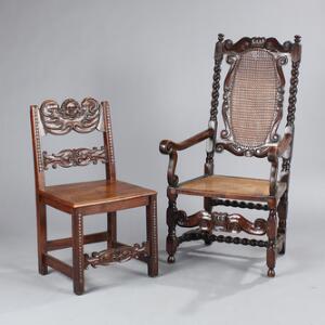 Armstol og stol af rigt udskåret træ, prydet med krone, ansigt og skæringer. 17.-18. årh. 2