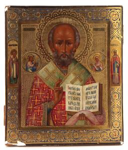 Russisk ikon forestillende Skt. Nikolaj flankeret Kristus samt Gudsmoderen samt helgener på forgyldt baggrund. Tempera på træ. 19. årh. 31 x 27.